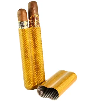 Etui à cigares en fibre de carbone doré pour 2 cigares avec un calibre de 57 anneaux