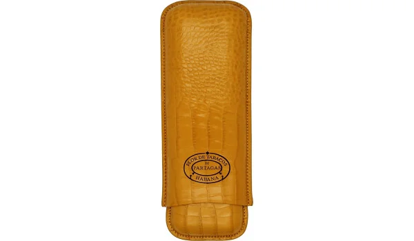 Partagas sigarenetui van leer, mosterdkleurig, voor 2 sigaren
